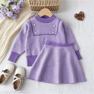 ชุดสเวตเตอร์พิมพ์ลายหมากรุกสำหรับเด็กอายุ3-7ปีชุดเสื้อผ้าเด็กผู้หญิงคริสต์มาสคอกลมลำลองชุดสองชิ้นสำหรับฤดูหนาว