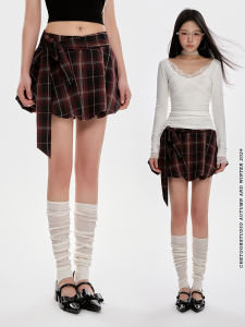 Summer Plaid Belted Flower Bud Mini Skirt Womens High Waist Slim A-Line Short Skirt Trendy Sweet Cool Girls Half-length Skirt