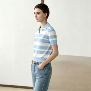 AMII | Cool and Breathable POLO Collar Contrast Striped Womens Knitwear