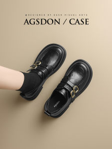 Agsdon | Women Loafers Black Coarse Heel Leather Shoes