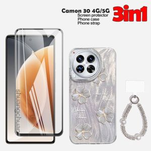 For Tecno Camon 30 case Camon 30 4G/5G tempered glass Feathered case Four-leaf clover painted protective case Full-screen tempered glass Pearl + rhinestone lanyard