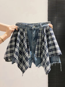 V.C.I | High Waist Small Size Asymmetrical A-Line Short with Check Patchwork