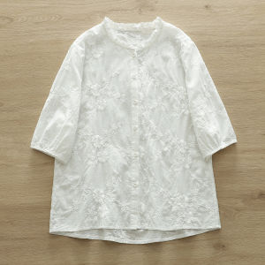 Elegant Pure Cotton Long Sleeve White Shirt Womens Fashionable Embroidered Stand Collar Shirt French Artistic Style Base Top