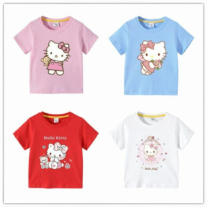 Hello Kitty Girls Short Sleeve Cotton T-shirt Thin Pure Cotton Summer Childrens Clothing Baby Cat Dress Breathable Sweat Absorbent