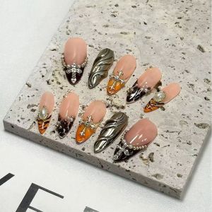 Soft Goth False Nails Nude Base Metal Cross Pearl Rhinestone Design Press On Nails ABS Lightweight Smooth Edge Comfortable For T