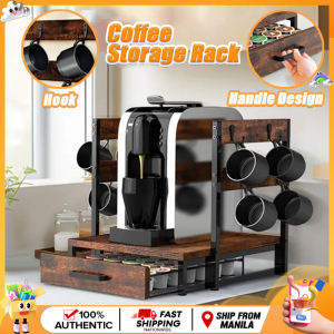 Wooden Coffee Machine Base Drawer Storage Rack With 8 Hooks Tea Bag Storage Rack Pull-Out Coffee Capsule Storage Rack Countertop Spice Shelf Rack Storage Box For Kitchen Office Coffee Bar Restaurant
