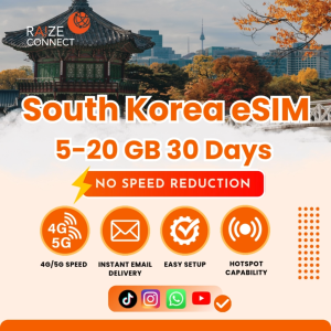 South Korea eSIM | 5-20GB High Speed | 30 Days Data Plan | Raize Connect