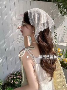 2025 ใหม่ภาษาฝรั่งเศสคำลูกไม้สีขาวผ้าพันคอและแถบคาดศีรษะ One ชิ้น Bucolic Baotou ชีฟองสแควร์อุปกรณ์เสริมผม