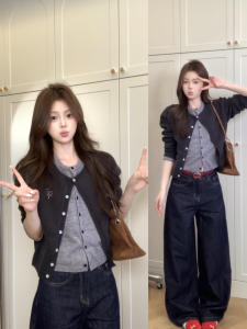 Áo Len Cardigan Dệt Kim Màu Tương Phản Phong Cách Hàn Quốc Cho Nữ Mùa Xuân Thu Thường Ngày Dáng Ôm Ngắn Áo Khoác Ngoài