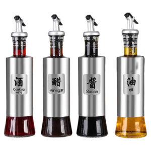 Stainless Steel Oil Bottle Kitchen Glass Household Oil Can Leak-Proof Oil Filling Vinegar and Soy Sauce Seasoning Bottle Set Control Oiler