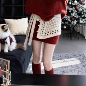 XUECAIQI | Red Gentle Style Winter Knit Cardigan Mini Skirt Trousers Set