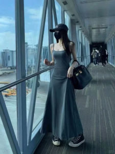 Cotton Grey Strap Long Dress Summer Holiday A-Line Skirt Slimming Backless Sleeveless Dress with Chest Pad Womens Dress