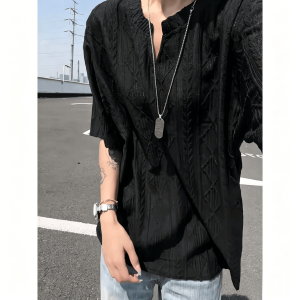 Men Summer Breathable V-neck Grid Texture T-shirt