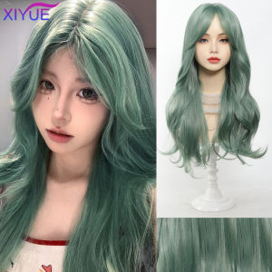 XIYUE Long Wavy Green Synthetic Wig Womens Heat-Resistant Natural Half Part Cosplay Party Lolita