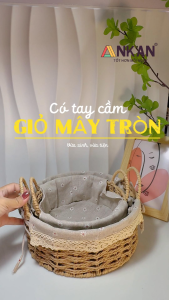 Giỏ Đựng Đồ Tròn Cổ Điển Quai Xách Thủ Công Lót Vải Vành Kim Loại An KAN