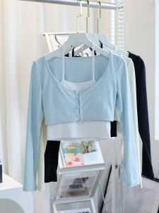 Yoga Clothes Womens Tops Running Sport Long Sleeve Pilates Workout Clothes Good-looking Fake Two-Piece Morning Running Training Wear