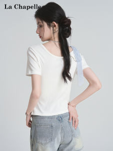 La Chapelle | French Style White Asymmetrical Strap Off-shoulder T-Shirt Slim Fit