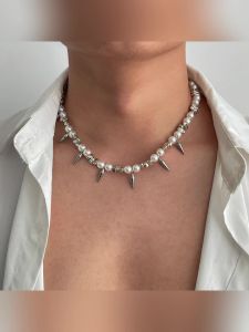 KunJoe Punk Giả Ngọc Trai Đinh Tán Vòng Cổ Choker Dành Cho Nam Hợp Thời Trang Bạc Không Đều CCB Đính Hạt Trang Sức Nam Quà Tặng