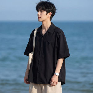 Wood soon | American Plain Color Cuban Collar Deconstructive Design Loose Casual Short Sleeve Shirt