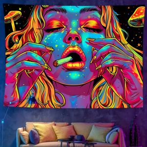 VIKAMA Neon Ảo Giác Tường Thảm Vũ Trụ Người Phụ Nữ & Nghệ Thuật Hình Nấm Boho Trang Trí Nhà Vải Polyester Cho Phòng Khách Phòng Ngủ