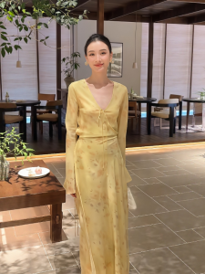 VKSOD | French Vintage Printed V-neck Long Dress Womens Summer Holiday Waist-cinching Slim A-line Dress High Waist Long Skirt