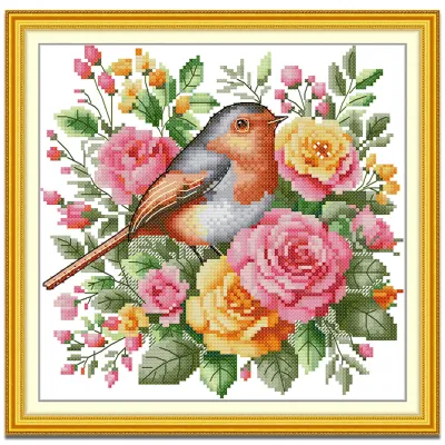 Cross Stitch Set Peony Bird Animal Full Kit with Pattern 14/11CT