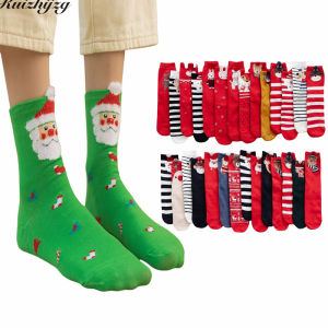 Ruizhijzg Ready Stock 1 Pairs Womens Cotton Christmas Socks Cute Ladies Girls Cartoon Style Red Socks Gifts Snowman Santa Claus Middle Socks