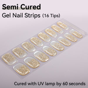 Semi-cured Gel Nail Strips 16 Tips UV Gel Nail Polish Wraps Nail Art Decals Patch Gradient Glitter Nail Stickers UV Lamp Needed