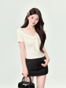 Áo Thun Cotton Cổ Chữ V Tay Ngắn Thanh Lịch Cho Nữ Mùa Hè Thiết Kế Nơ Bướm Chất Lượng Cao Thoáng Khí Thoải Mái