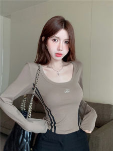 GUZILIAN | Slimming Short Sleeveless American Style Hot Girl T-Shirt Womens Inner Match Color Block Striped Long Sleeve Square Collar Top