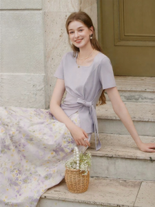 XIANGYING | French Floral Style Purple Tied Neck Set Dress