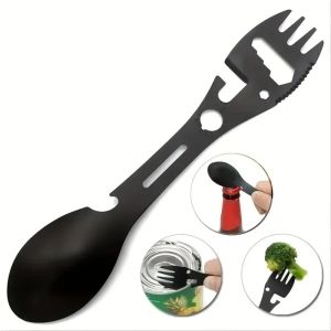 10 in 1 Outdoor Spork Fork Spoon Stainless Steel Camping Utensils Set Knife Wrench Bottle Opene Outdoor Survival Tools