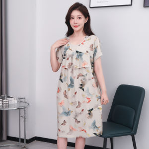 Cotton Silk Sleepwear Women Summer Mid-aged Short Sleeve Nightgown Artificial Cotton Dress Midi Length plus Size Home Clothes Mom Style