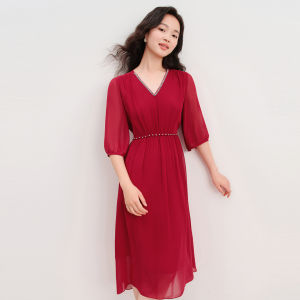 Koradior | New Summer 100 Silk Red Short Sleeve Midi Dress