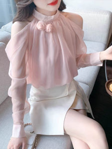 BaKooSen Spring 2024 Shoulder Bared Long Sleeve Shirt Womens Stand Collar Versatile Slimming Elegant Top Fashionable Accessory