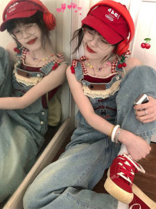 Cute Korean Style High Waist Wide Leg Denim Overalls Womens Summer Spring Loose Straight Cut Student Petite Size Jeans