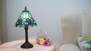 Modern Table Lamp Stained Glass Desk Lamp Deep Blue Bedside Reading Light Decor Bedroom Living Room Home Office