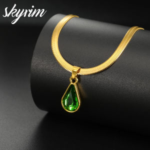 Skyrim thép không gỉ Titan Vòng Cổ Giọt Pha Lê Xanh lá cây Mặt Dây Chuyền Vòng cổ kiểu xưa cho phụ nữ