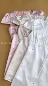 3 màu Lụa ánh kim dày mịn mướt siêu đẹp Có lót Đầm lụa chữ A cổ V cột nơ tay ngắn chiết eo tôn dáng gợi cảm ZOAN DRESS