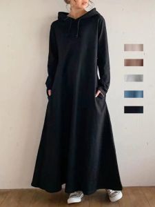 Long Hooded Dress Womens Loose Fit Hoodie Dress Autumn Winter Casual Elegant A-Line Skirt Cotton Long Sleeve Dress