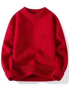 ROMON | Red Round Neck Knitted Sweater For Men By Romon Fashionable Winter Base Layer Top In Large Red Color For The Year Of Dragon