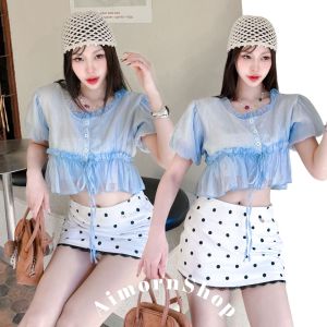 AimornShopp เสื้อครอปแขนตุ๊กตา ครอปคอกลมแต่งระบาย ผูกโบว์น่ารักๆ