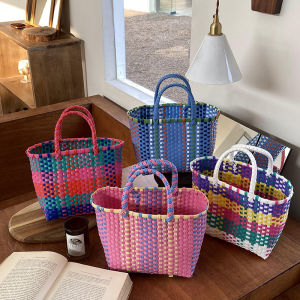 2024 New Vegetable Basket Hand-Woven Bag Color Matching Woven Bag Beach Bag