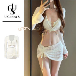 ชุดว่ายน้ำบิกินี่ชุดสวมใส่ชายหาดเซ็กซี่สำหรับผู้หญิง4ชิ้น2024สไตล์ใหม่คลุมคอวีแขนยาวเอวสูงน่ารักยืดได้