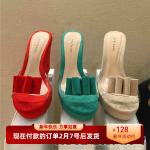 Summer New Womens Fashionable Transparent Slip-On Shoes with Butterfly Knot Ancient Slope Heel Fish Mouth Slippers Platform Bottom