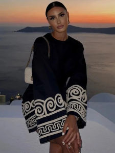 Womens Fashion Embroidery Splicing Dress Elegant Long Sleeve Round Neck Dress Casual Loose Commuter Holiday Short Dresses