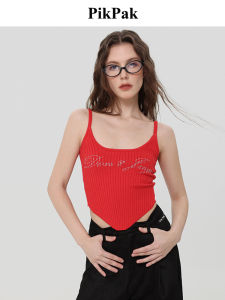 PikPak Blue And Red Sparkling Diamond English Knitted Halter Vest PP24SS-V025 Slim Fit Short Length Letter Pattern