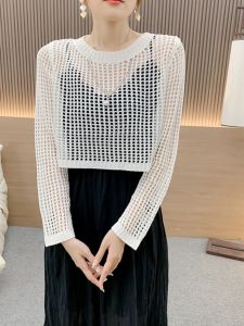 Ice ผ้าไหม ผ้าคลุมไหล่เสื้อผ้าป้องกันแสงแดด Hollow Out แขนสั้นสูง เอว Overlap ผู้หญิง ฤดูร้อน แฟชั่น เสื้อท่อนบน