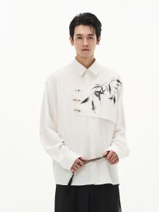 DIBINSAI New Chinese Style Water-Mark Bamboo Print Long Sleeve Shirt Structure Mosaic Loose Fit Youth Fashion Daily Wear