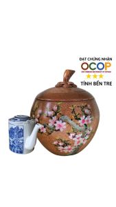 Bình ủ trà gỗ dừa cao cấp vẽ Hoa đào / Tùy chọn bình trà 05 - 08 - 13 - 20 lít / Hàng đạt OCOP 3 sao  / Giữ ấm 3 - 5 giờ / Xưởng sản xuất thủ công tại Bến Tre
